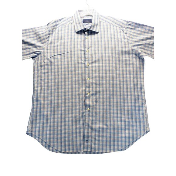 David Donahue Long Sleeve Blue/Pink Check Button Up Mens Dress Shirt 18 34/35 - Picture 2 of 8